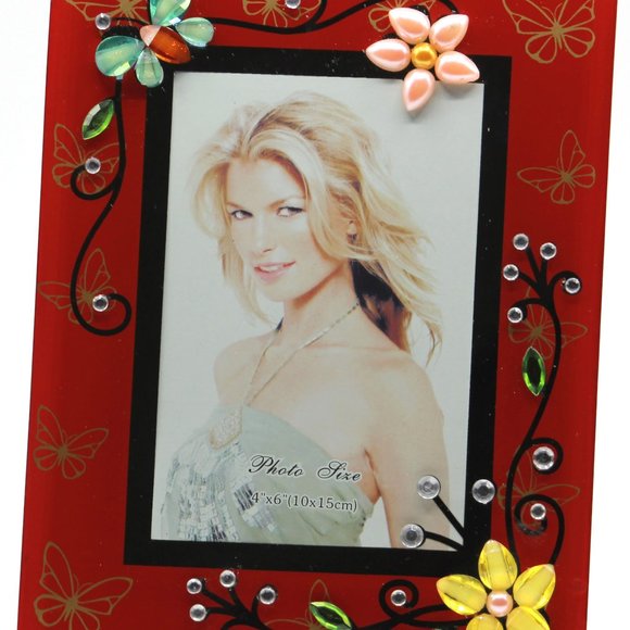 Two sets of Beautiful Red Glass 4" x 6" Photo Picture Frame with Flowers and But - Picture 7 of 11